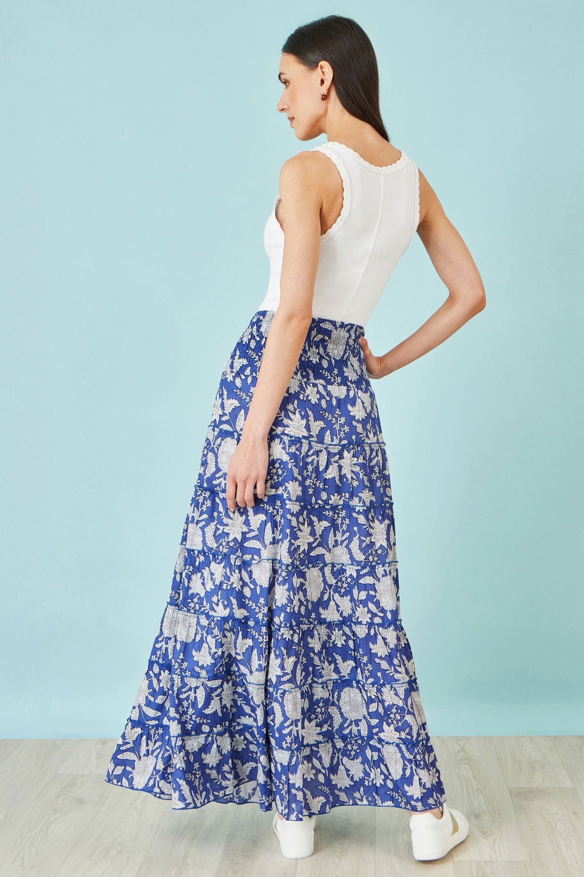 The Blue Floral – Cotton Tiered Maxi Skirt - Bascora