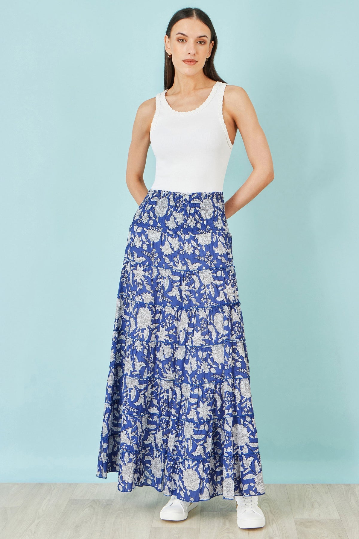The Blue Floral – Cotton Tiered Maxi Skirt - Bascora