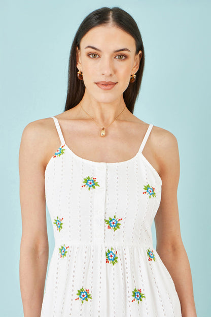 The Broderie – White Cotton Embroidered Midi Dress - Bascora