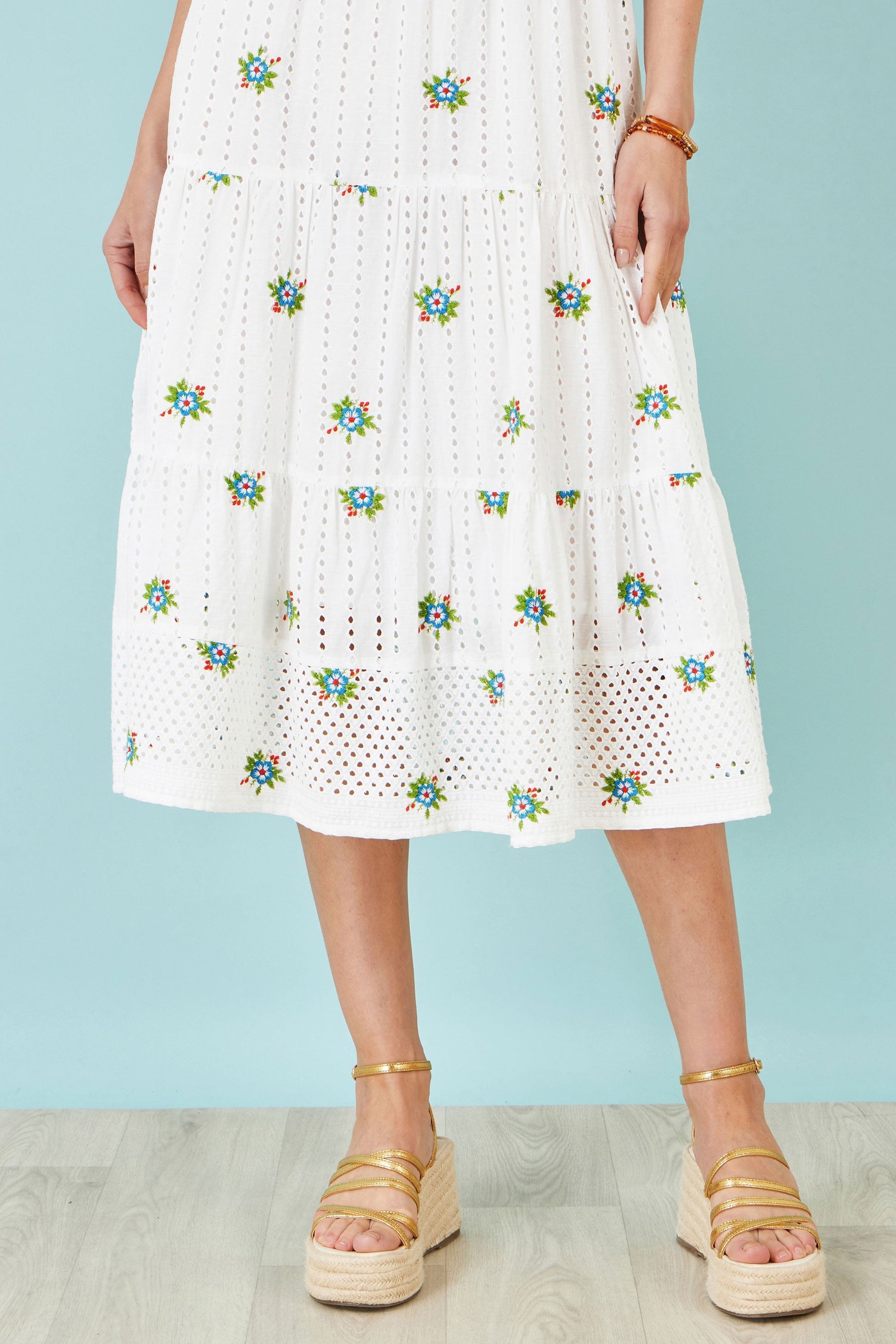 The Broderie – White Cotton Embroidered Midi Dress - Bascora