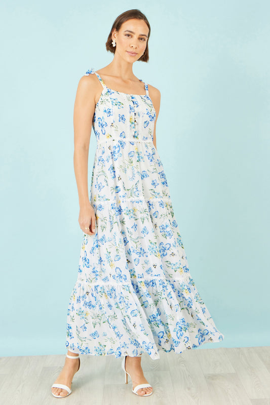 The Butterfly Print – White Tiered Maxi Dress - Bascora