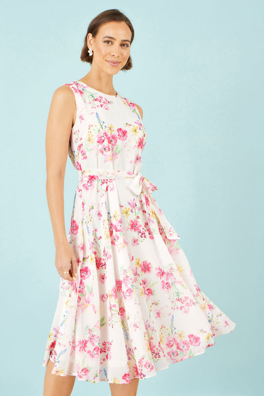 The Delicate Floral – White Midi Skater Dress - Bascora