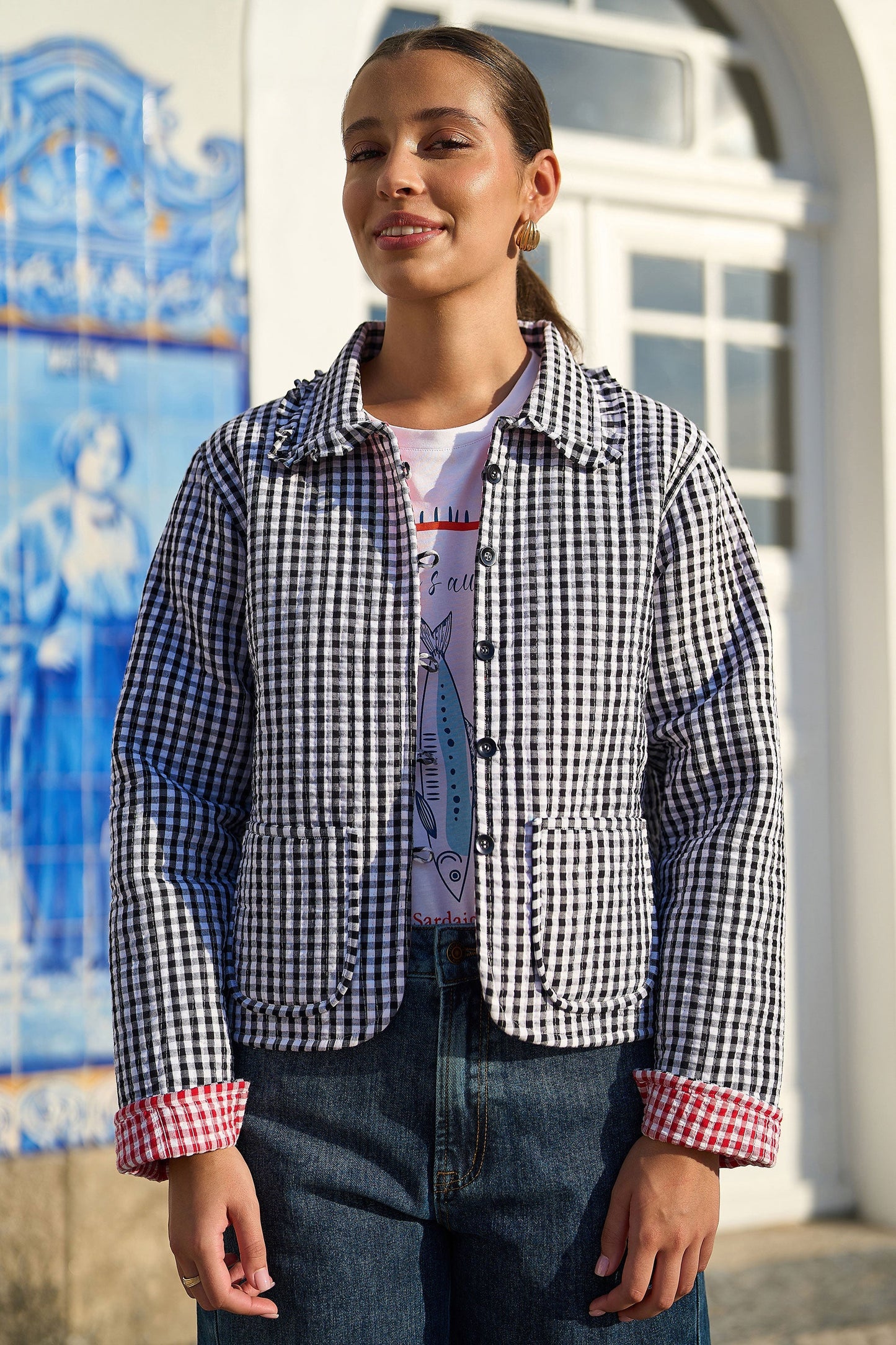 The Gingham Frill – Black Cotton Jacket - Bascora