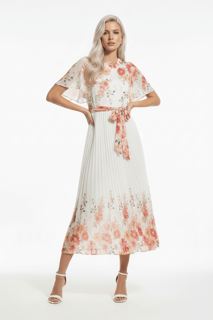 The Mirror Floral – White Pleated Midi Dress - Bascora