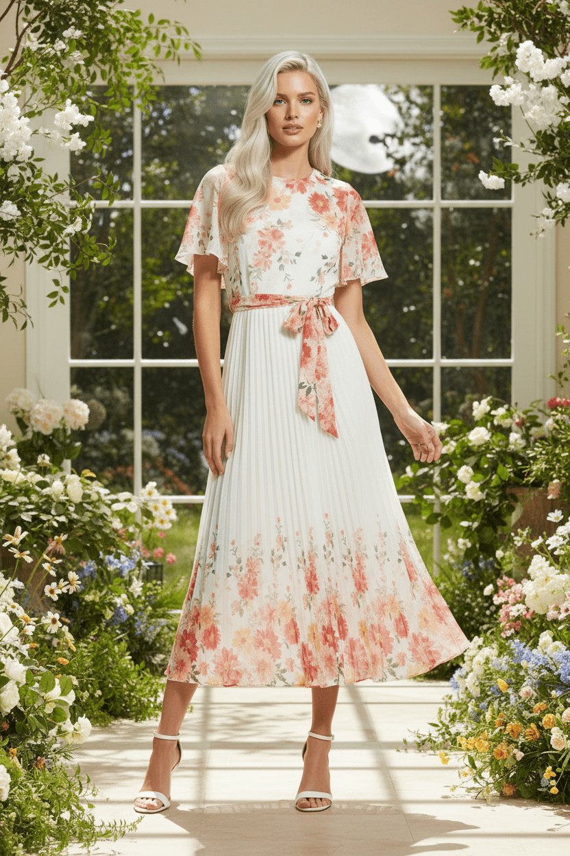 The Mirror Floral – White Pleated Midi Dress - Bascora