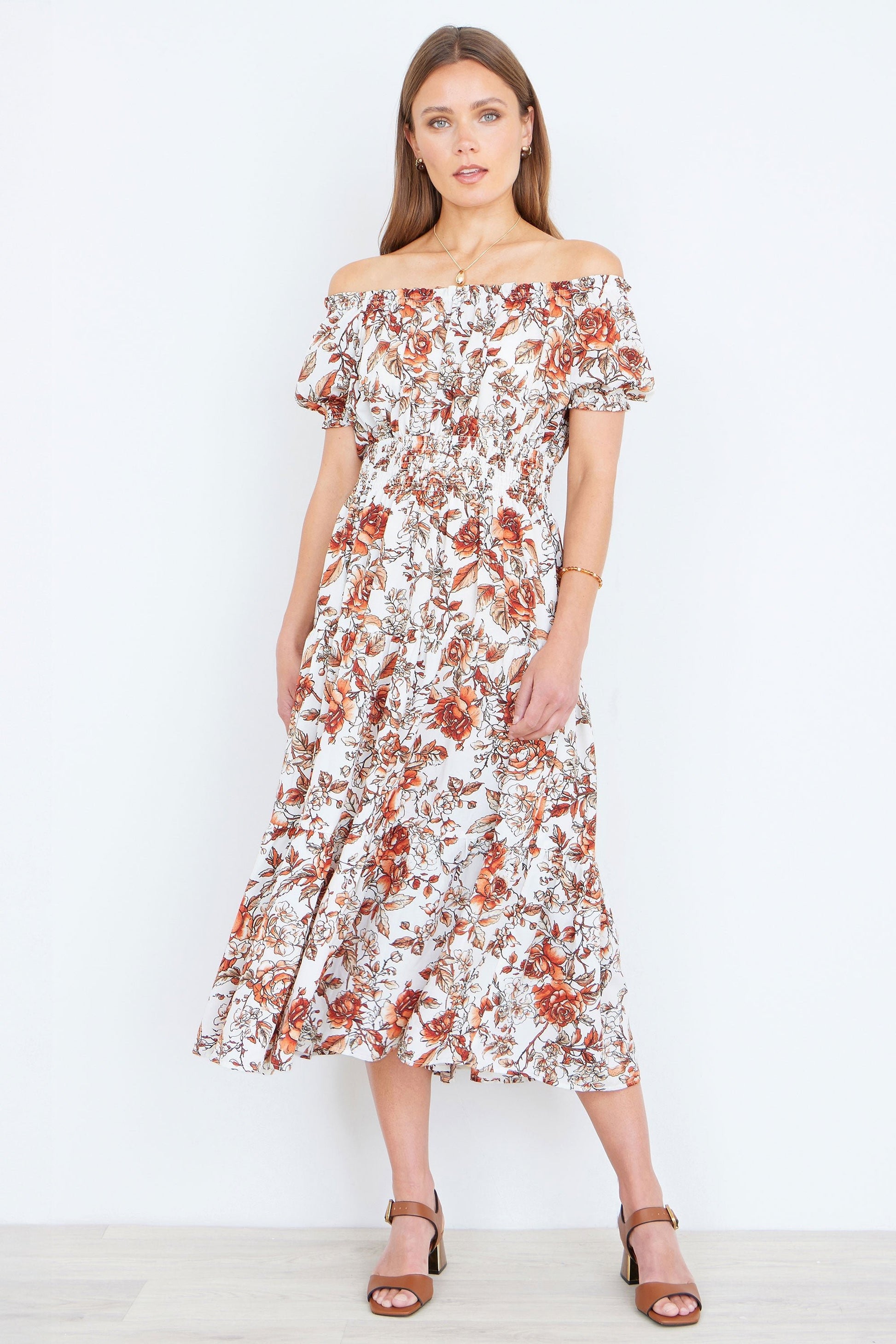 The Off-Shoulder – Orange Floral Midi Dress - Bascora