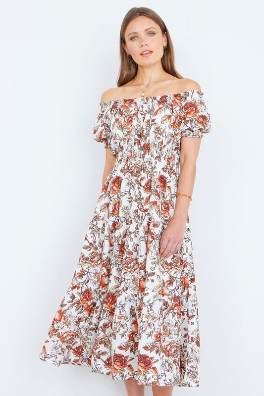 The Off-Shoulder – Orange Floral Midi Dress - Bascora