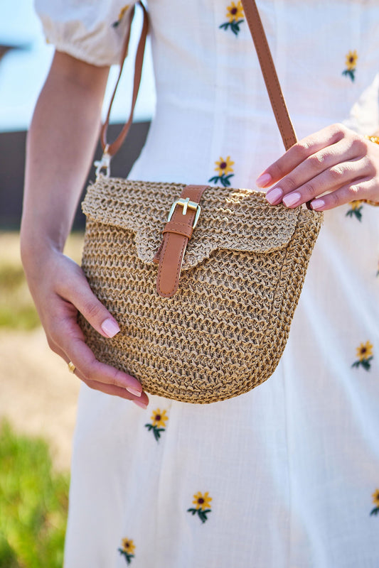 The Raffia Crossbody – Woven with Faux Leather Trim - Bascora