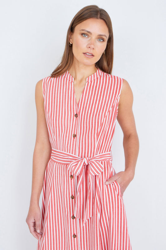 The Red Stripe – Sleeveless Midi Shirt Dress - Bascora