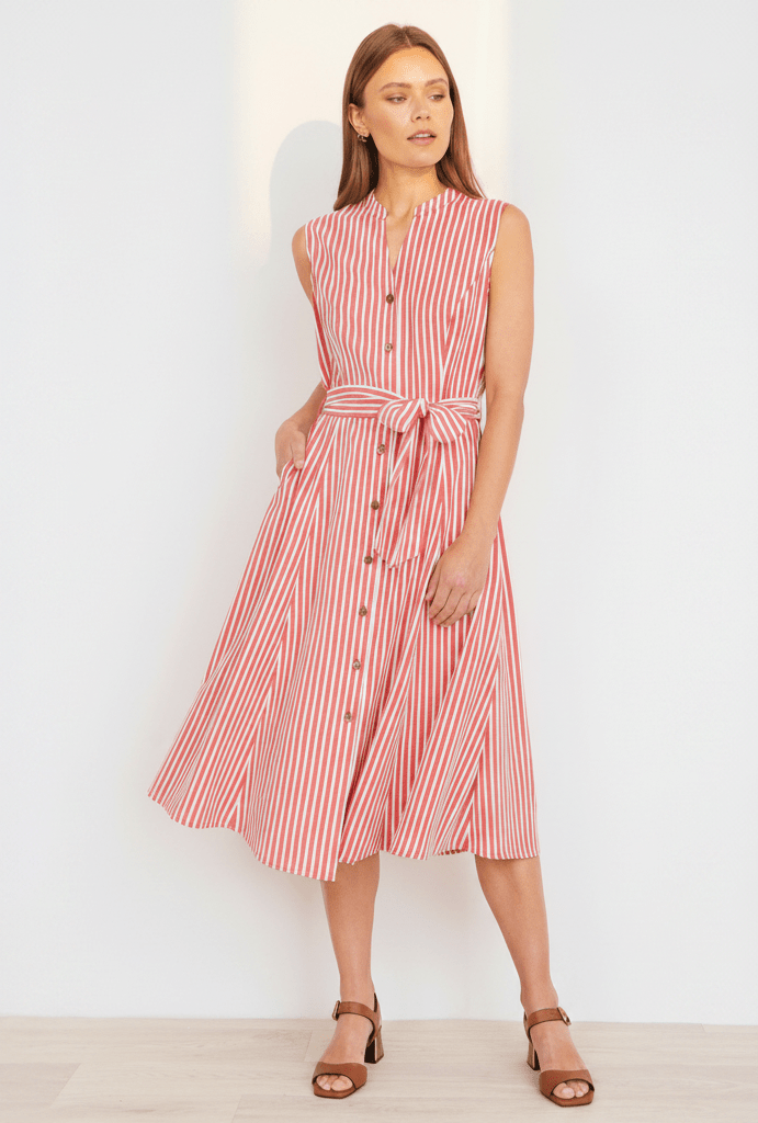 The Red Stripe – Sleeveless Midi Shirt Dress - Bascora