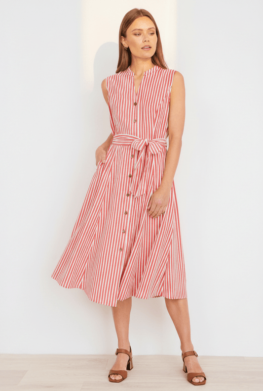The Red Stripe – Sleeveless Midi Shirt Dress - Bascora
