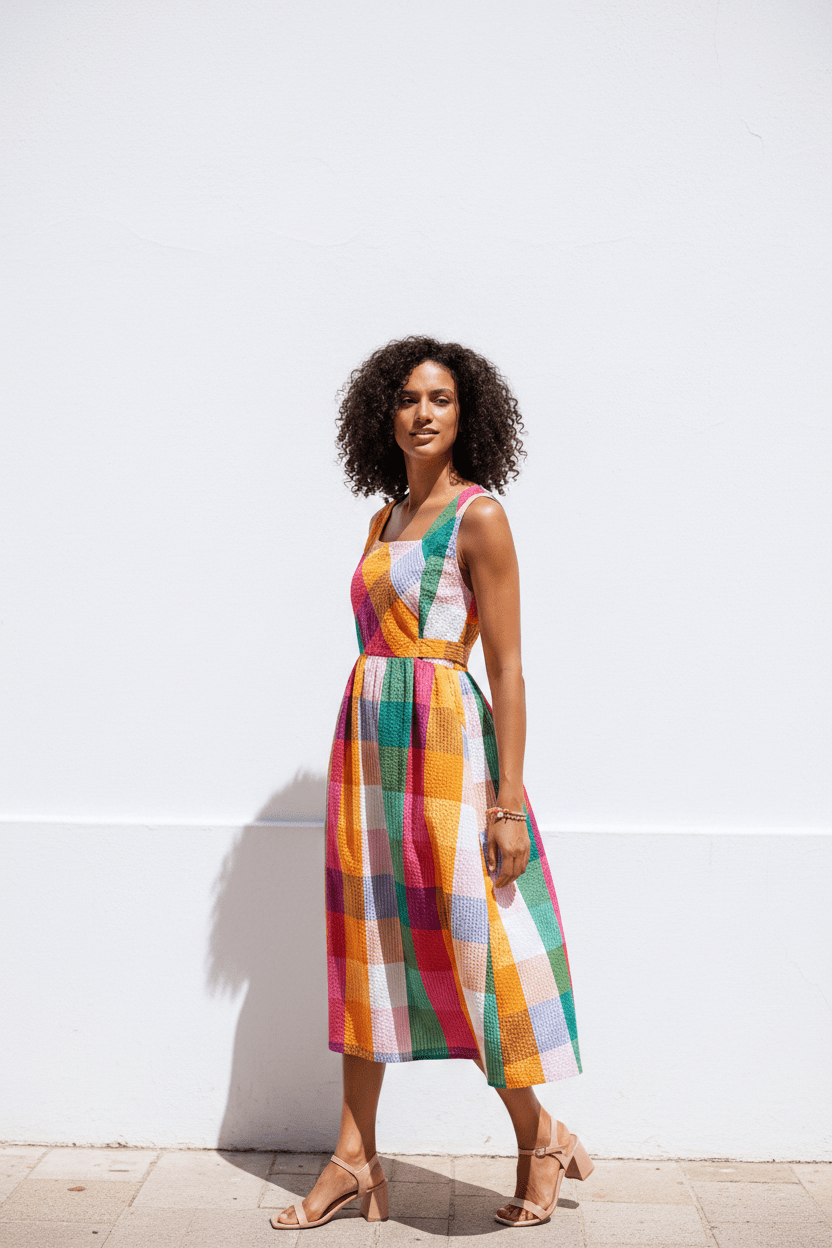 The Seersucker – Cotton Check Midi Sun Dress - Bascora