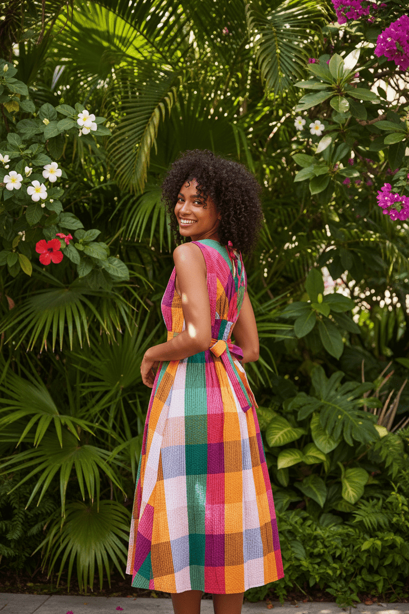 The Seersucker – Cotton Check Midi Sun Dress - Bascora