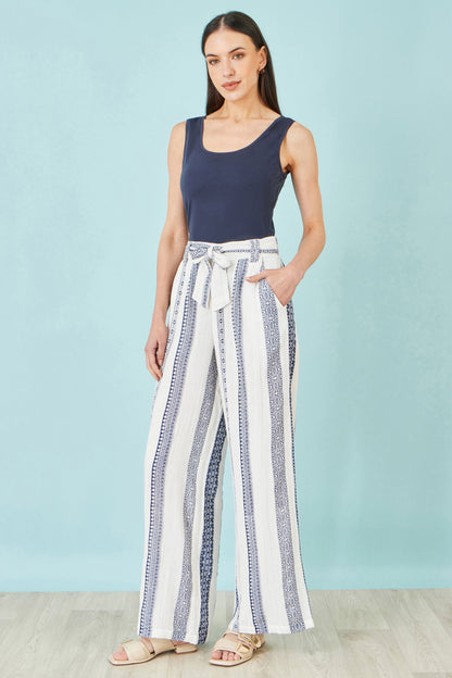 The Stripe Wide Leg – White Cotton Cropped Trousers - Bascora