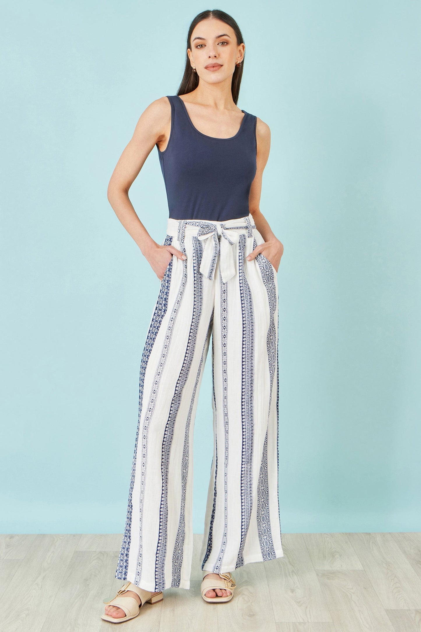 The Stripe Wide Leg – White Cotton Cropped Trousers - Bascora