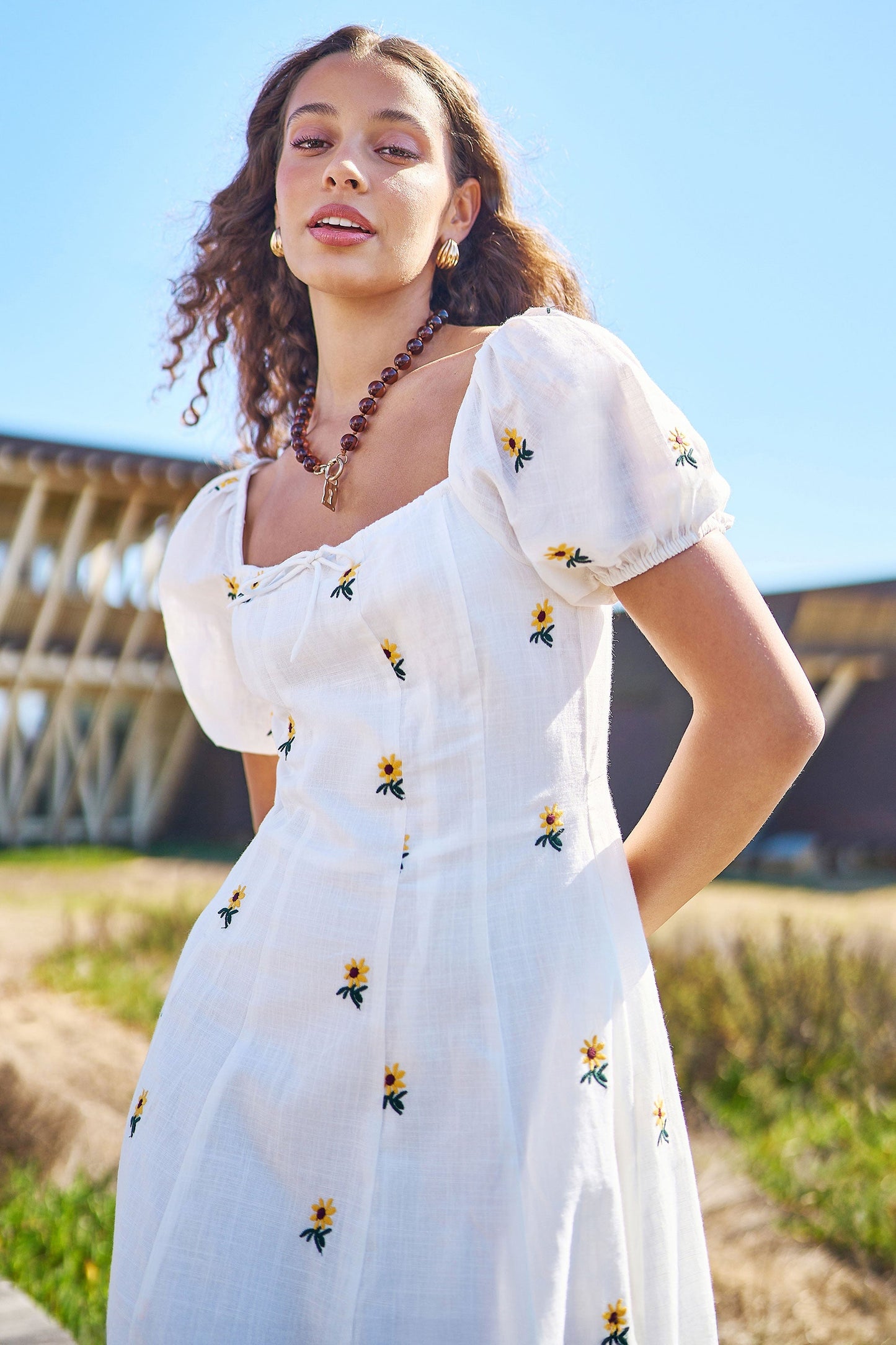 The Sunflower – White Cotton Embroidered Midi Dress - Bascora
