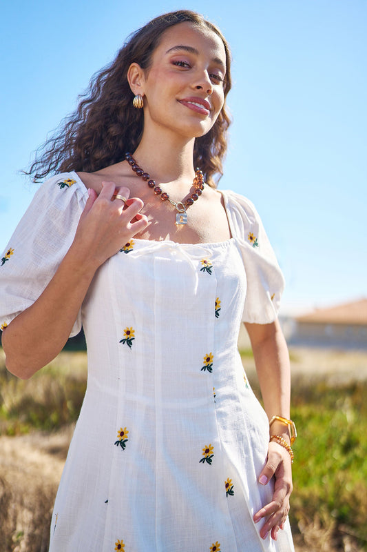The Sunflower – White Cotton Embroidered Midi Dress - Bascora