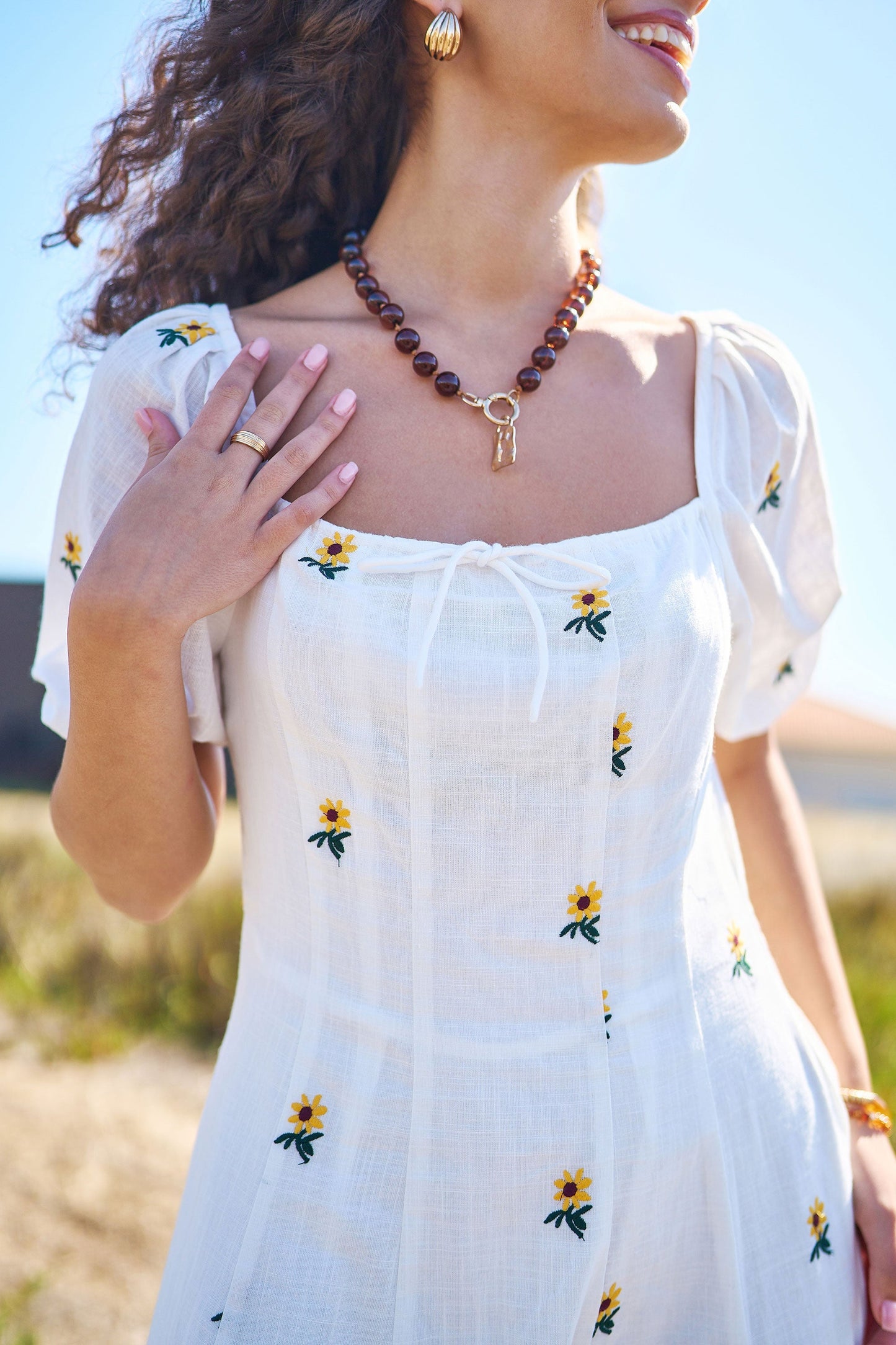 The Sunflower – White Cotton Embroidered Midi Dress - Bascora
