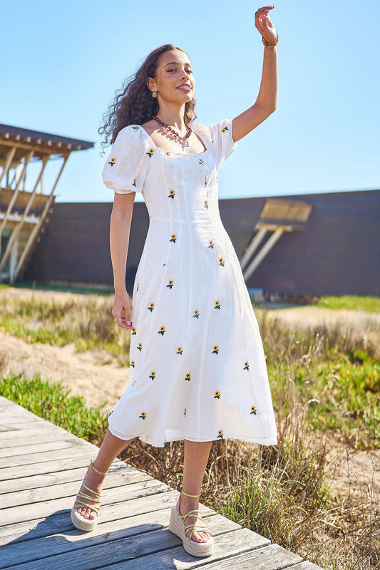 The Sunflower – White Cotton Embroidered Midi Dress - Bascora