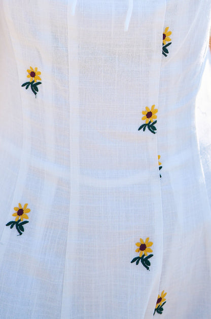 The Sunflower – White Cotton Embroidered Midi Dress - Bascora
