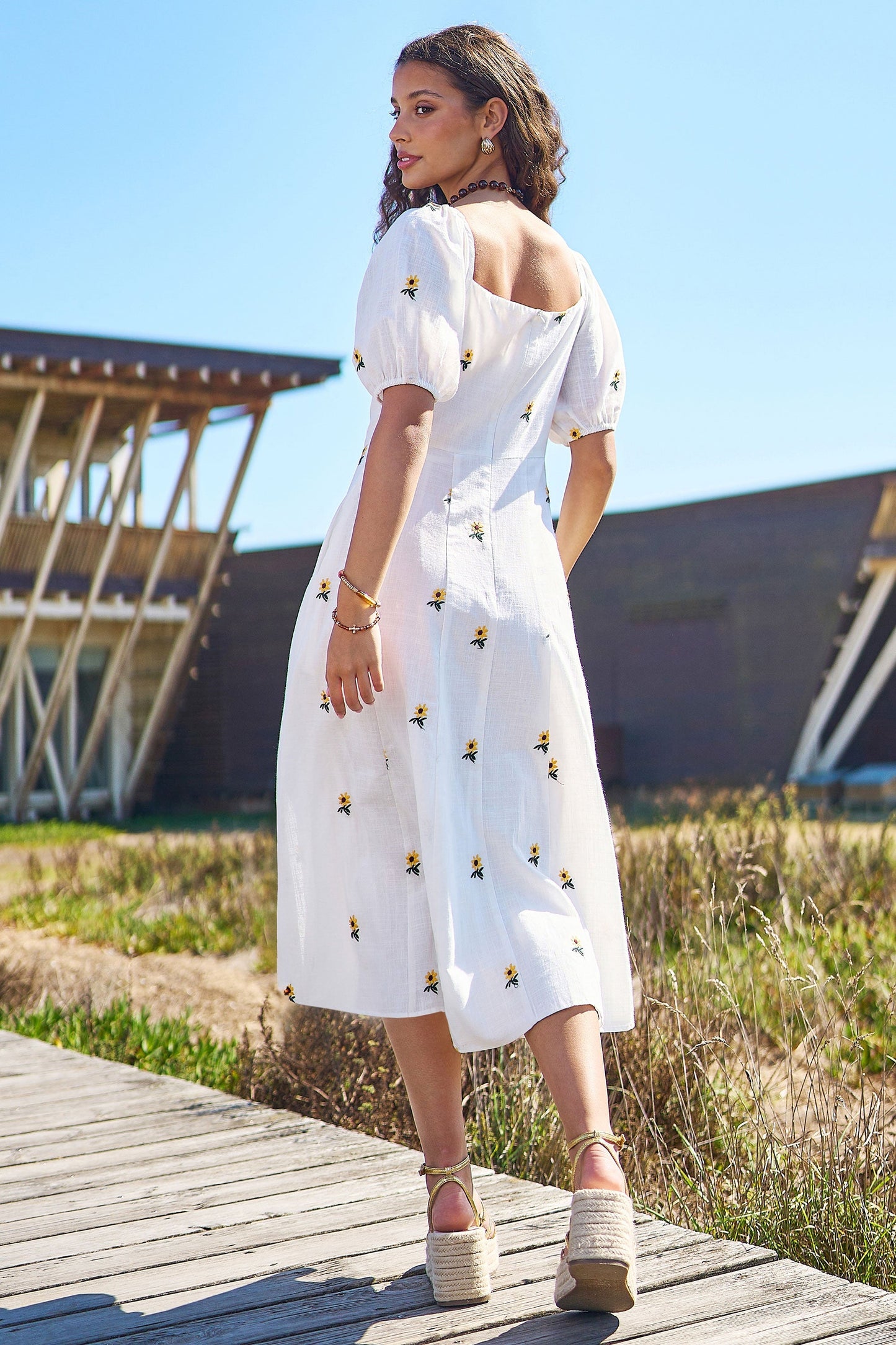 The Sunflower – White Cotton Embroidered Midi Dress - Bascora