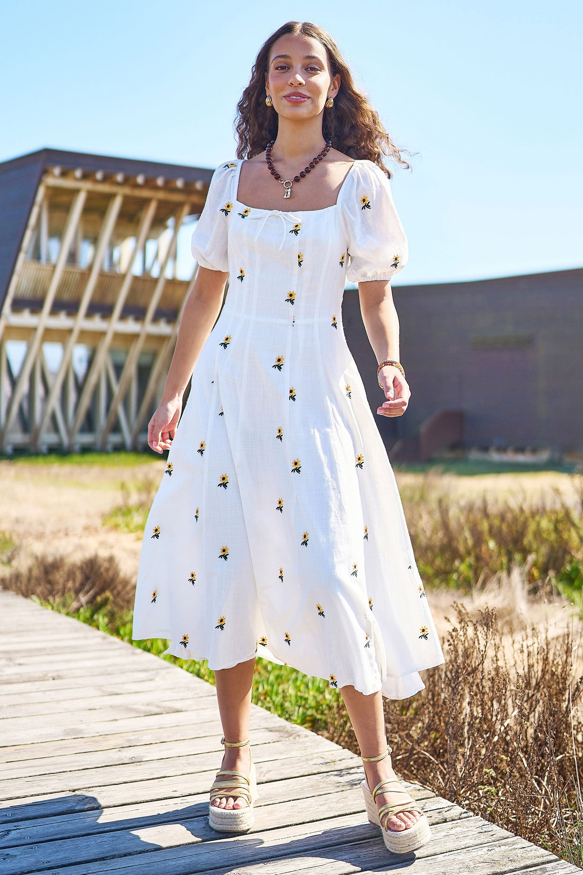 The Sunflower – White Cotton Embroidered Midi Dress - Bascora