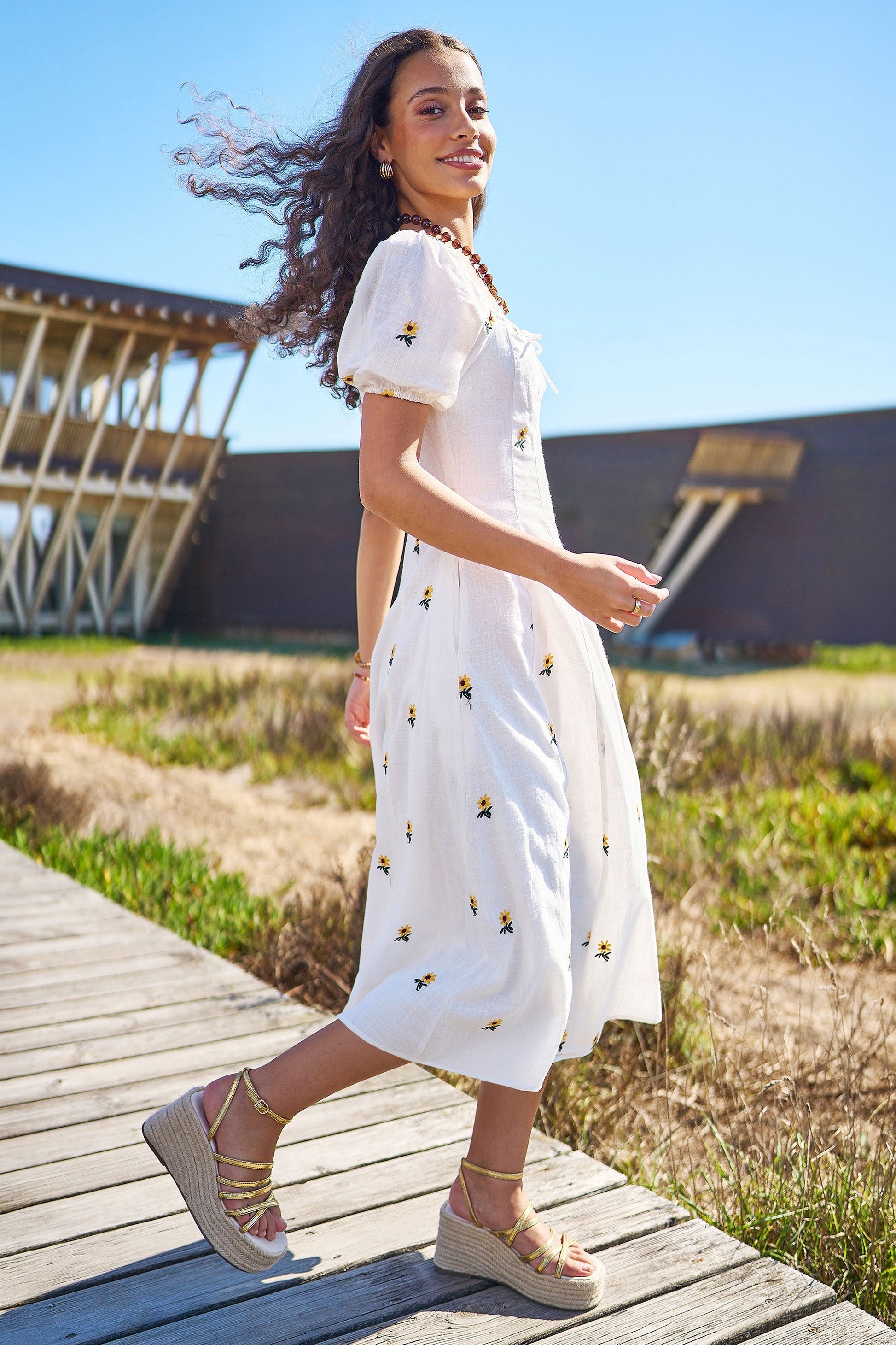 The Sunflower – White Cotton Embroidered Midi Dress - Bascora