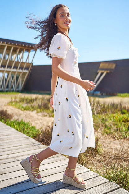 The Sunflower – White Cotton Embroidered Midi Dress - Bascora