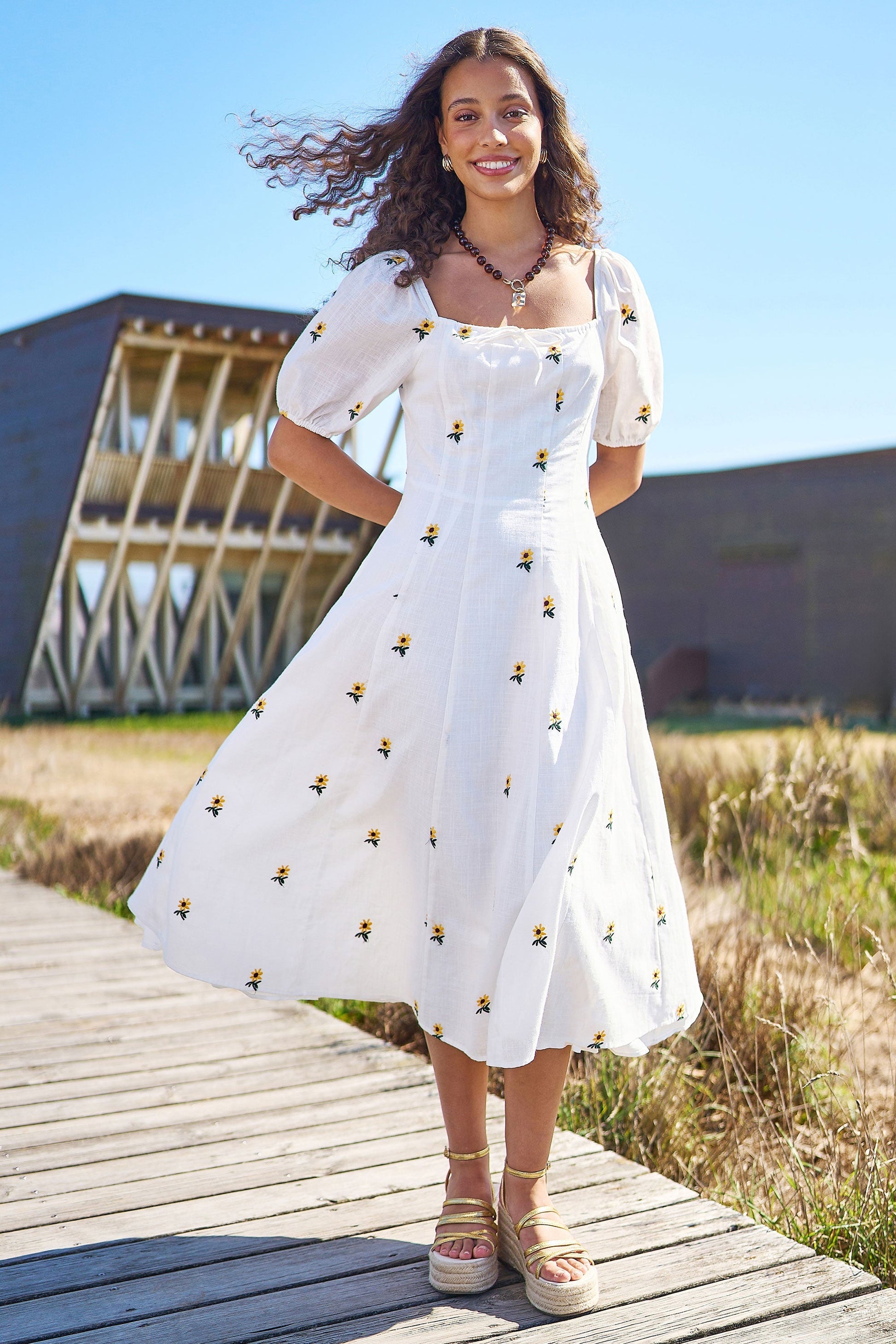 The Sunflower – White Cotton Embroidered Midi Dress - Bascora
