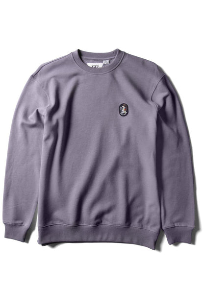 purple sweatshirt with a small logo on a white background