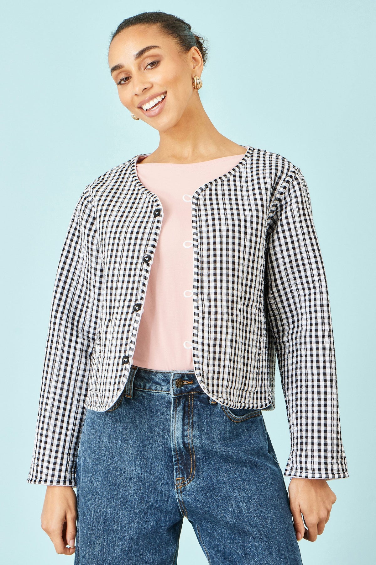 The White Gingham – Reversible Cotton Quilted Cropped Jacket - Bascora