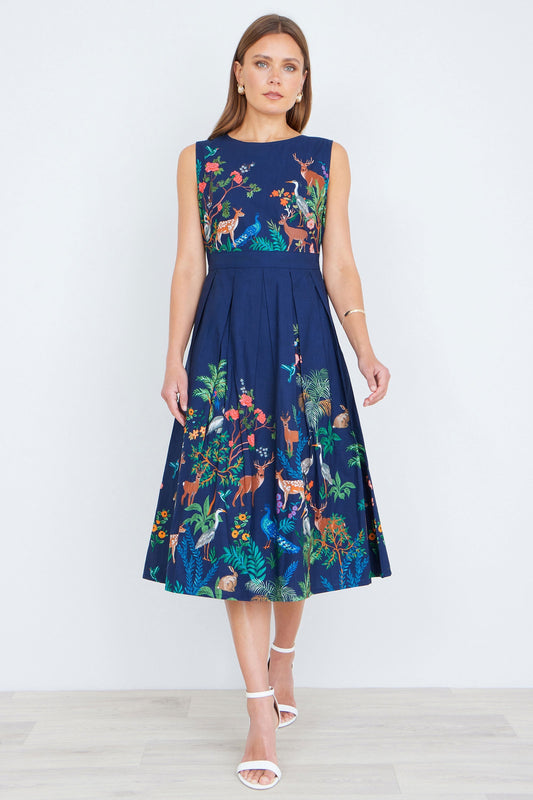 The Woodland – Navy Cotton Midi Skater Dress - Bascora