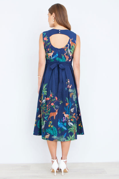 The Woodland – Navy Cotton Midi Skater Dress - Bascora