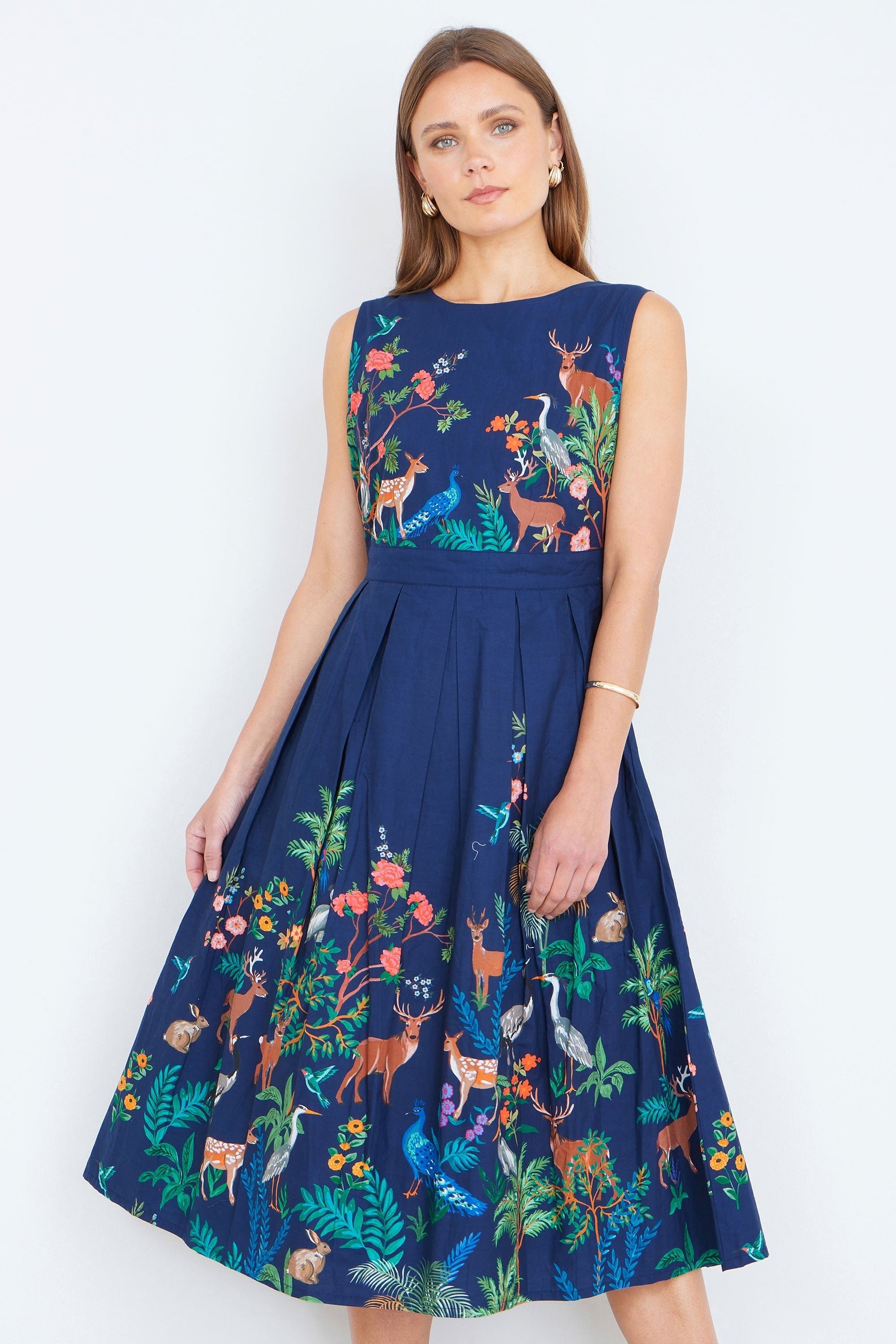 The Woodland – Navy Cotton Midi Skater Dress - Bascora