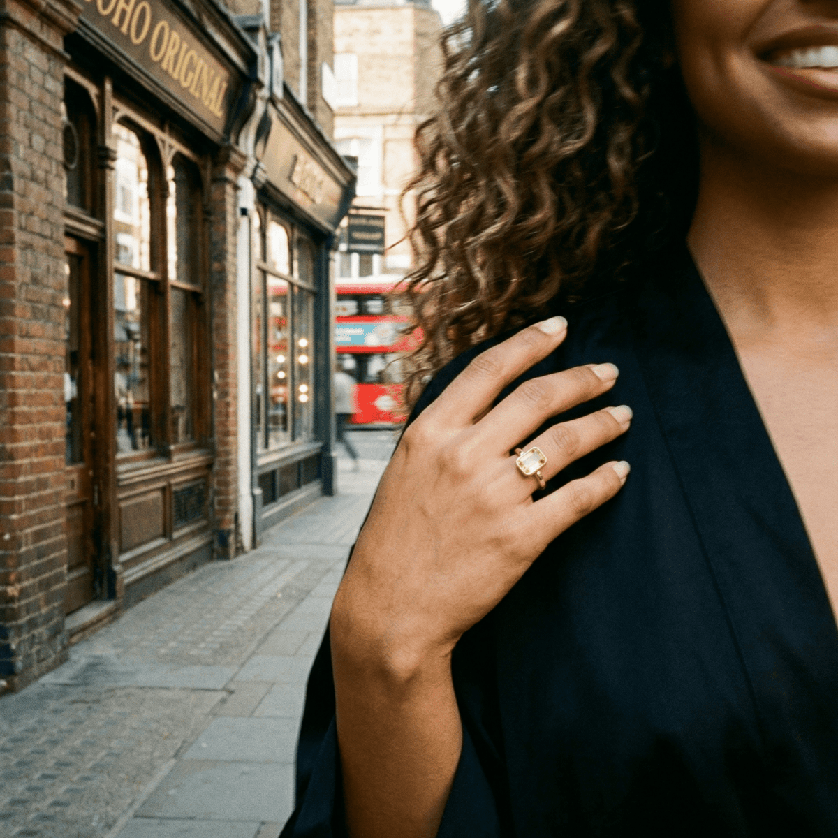 Dainty London Tidewashed Citrine Ring with Octagonal Stone and Hammered Band