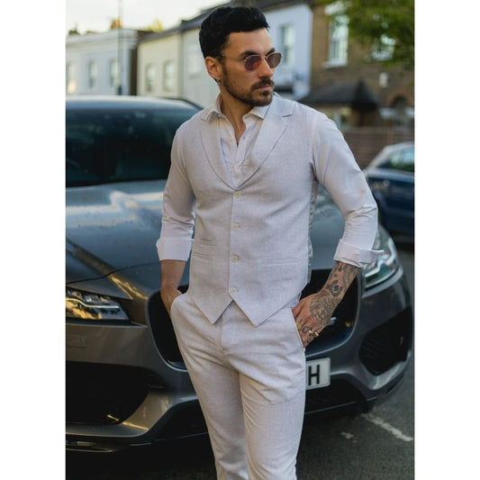 Men's Light Grey Linen Summer Wedding Suit with Waistcoat and Trousers
