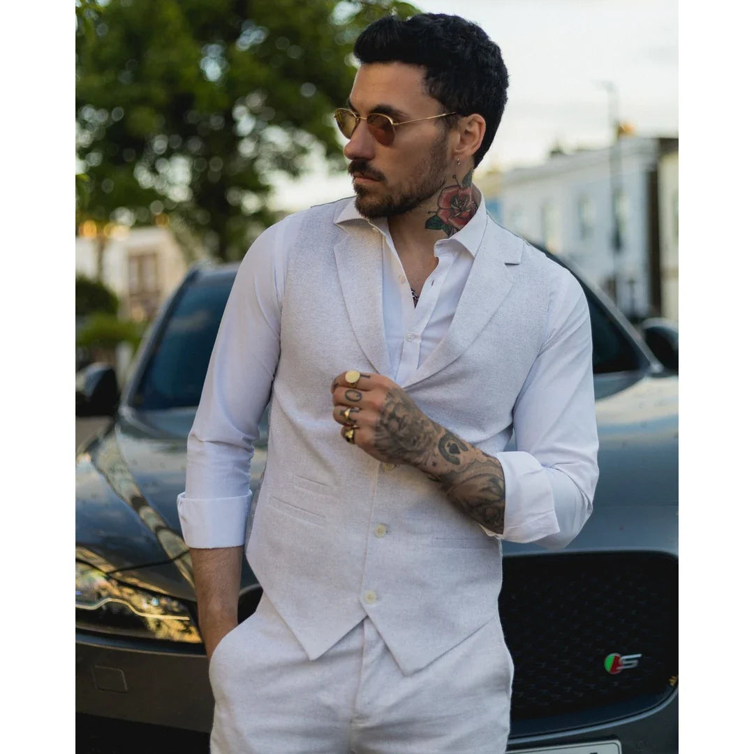 Men's Light Grey Linen Summer Wedding Suit with Waistcoat and Trousers