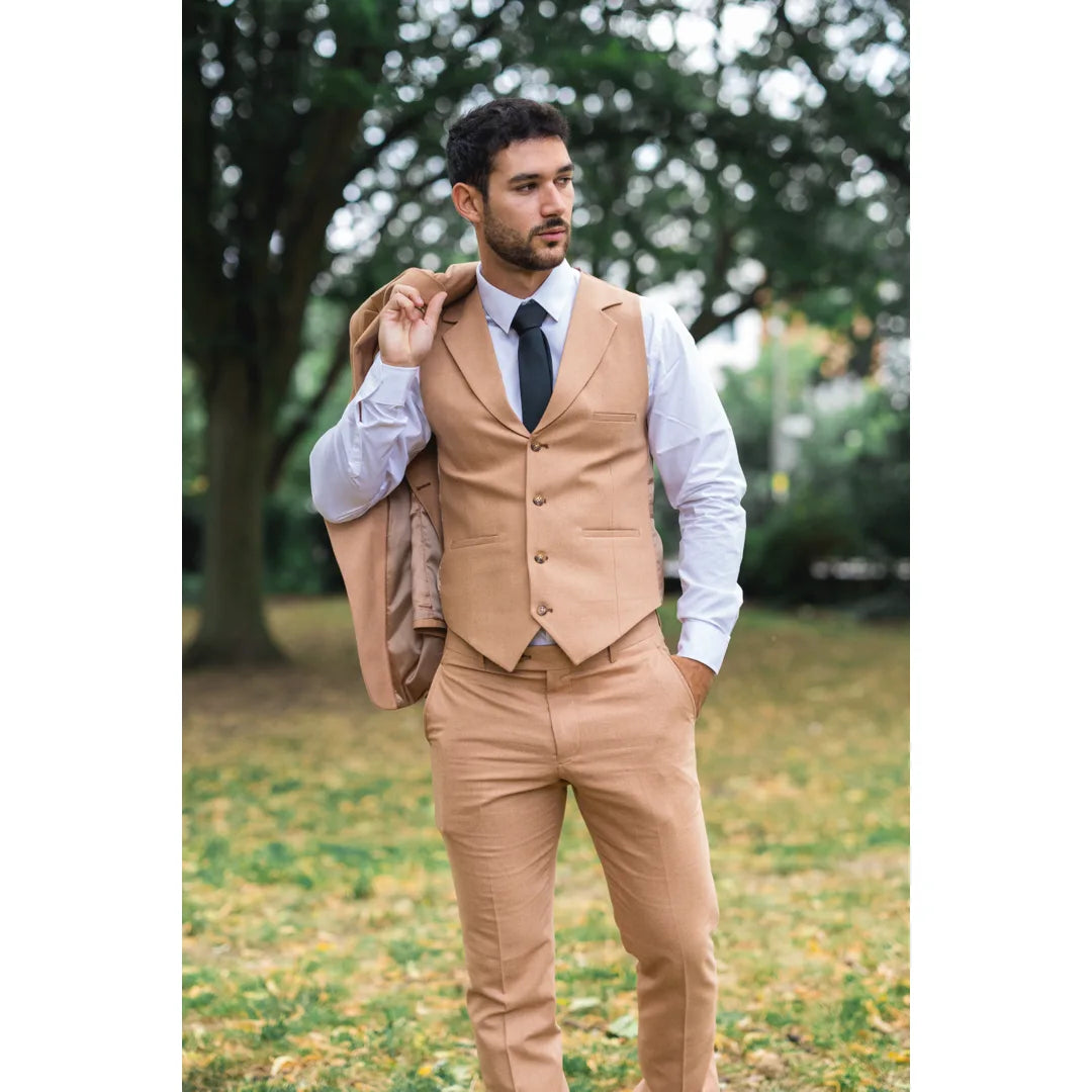 Men's Camel 3 Piece Linen Summer Wedding Suit