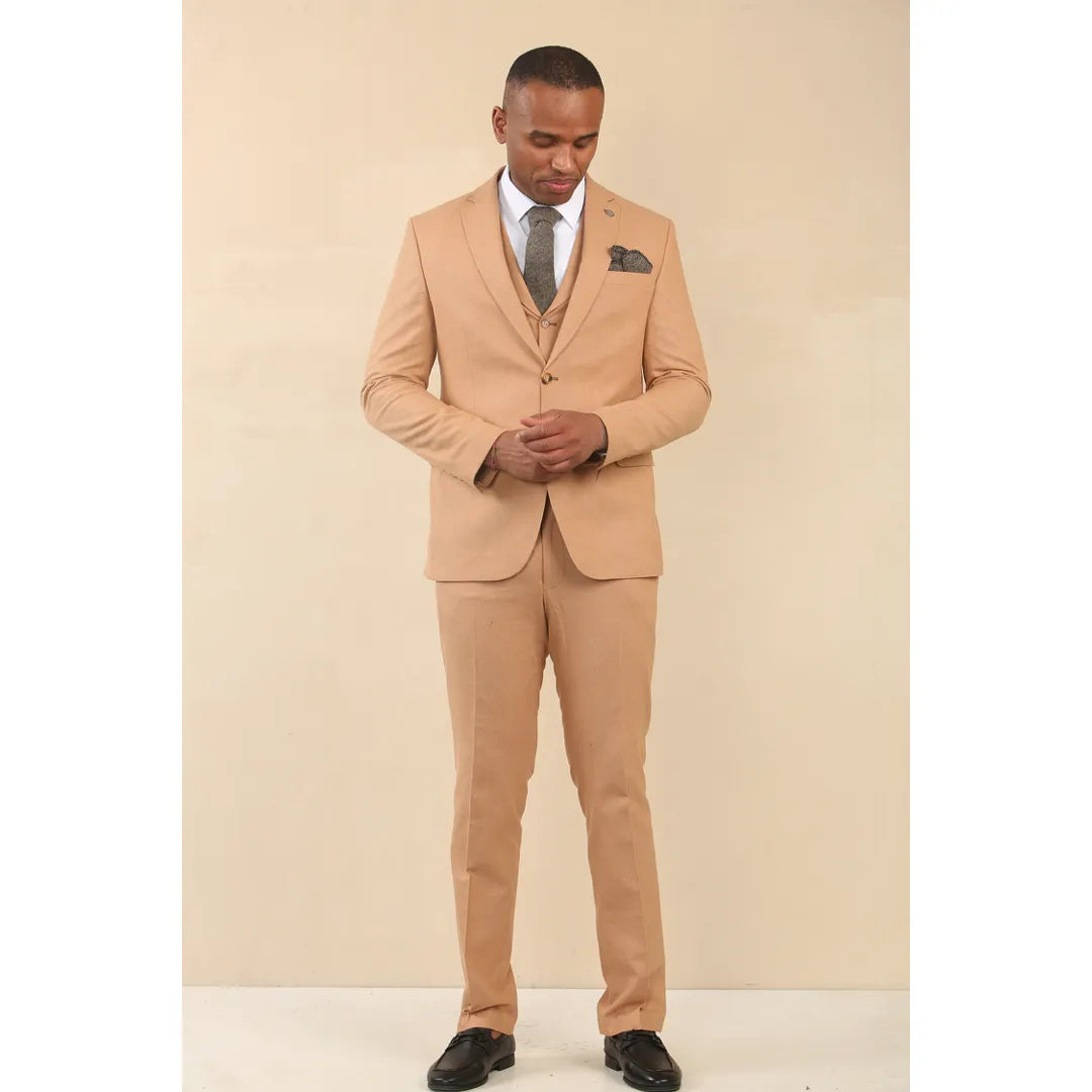 Men's Camel 3 Piece Linen Summer Wedding Suit
