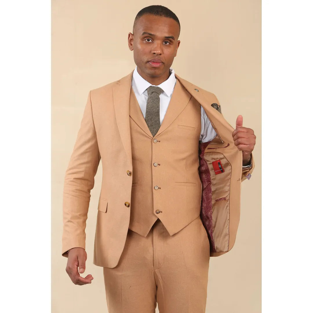 Men's Camel 3 Piece Linen Summer Wedding Suit