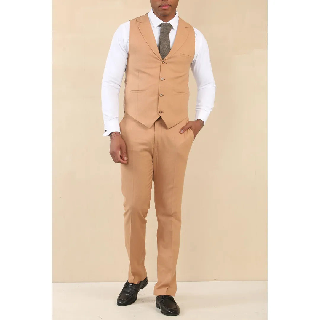 Men's Camel 3 Piece Linen Summer Wedding Suit