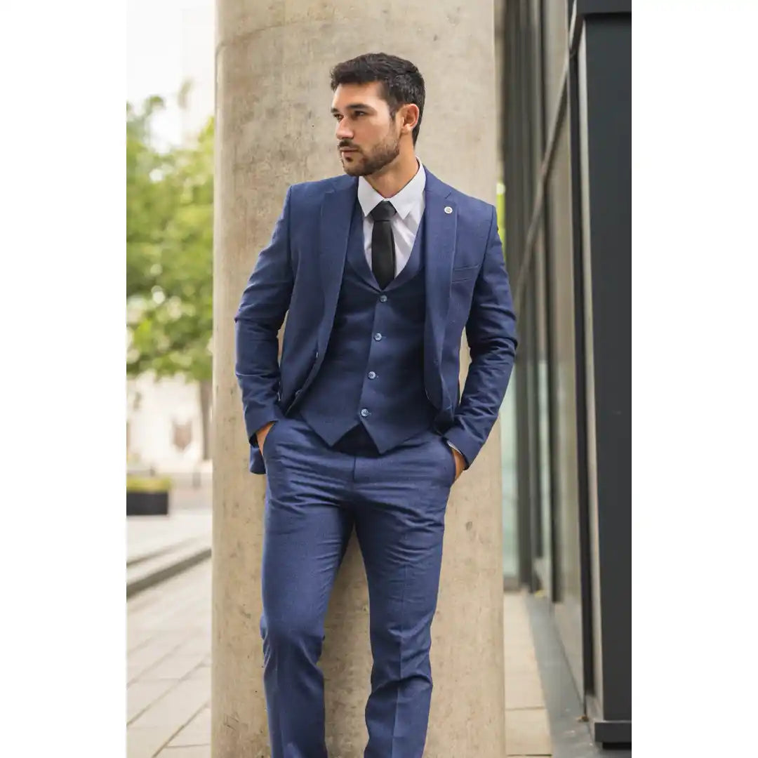 Men's Navy 3 Piece Linen Summer Wedding Suit