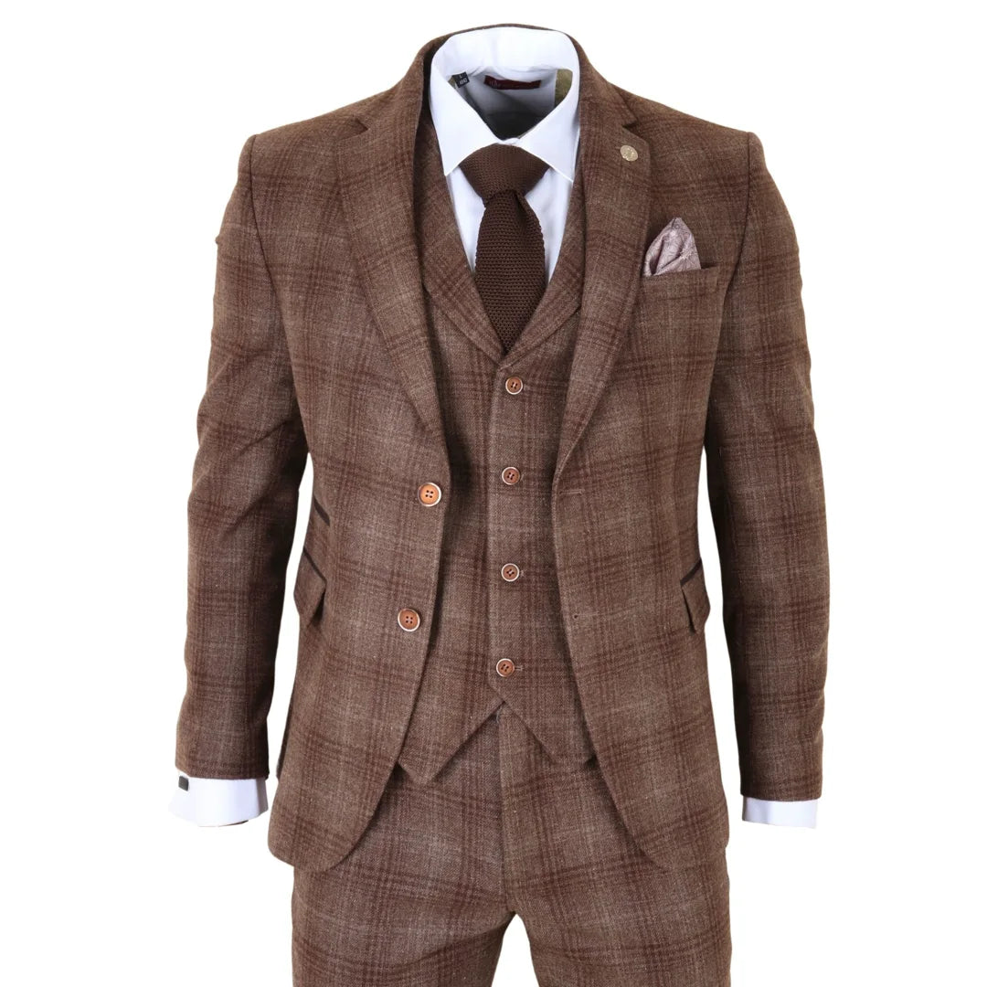 Men's Brown Tweed Check 3 Piece Suit by TruClothing