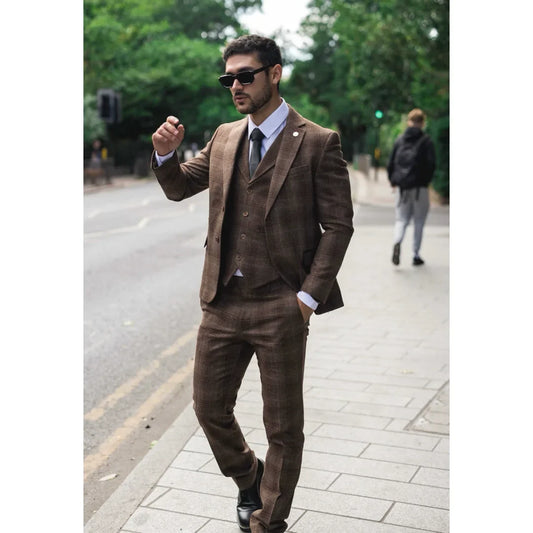 Men's Brown Tweed Check 3 Piece Suit by TruClothing