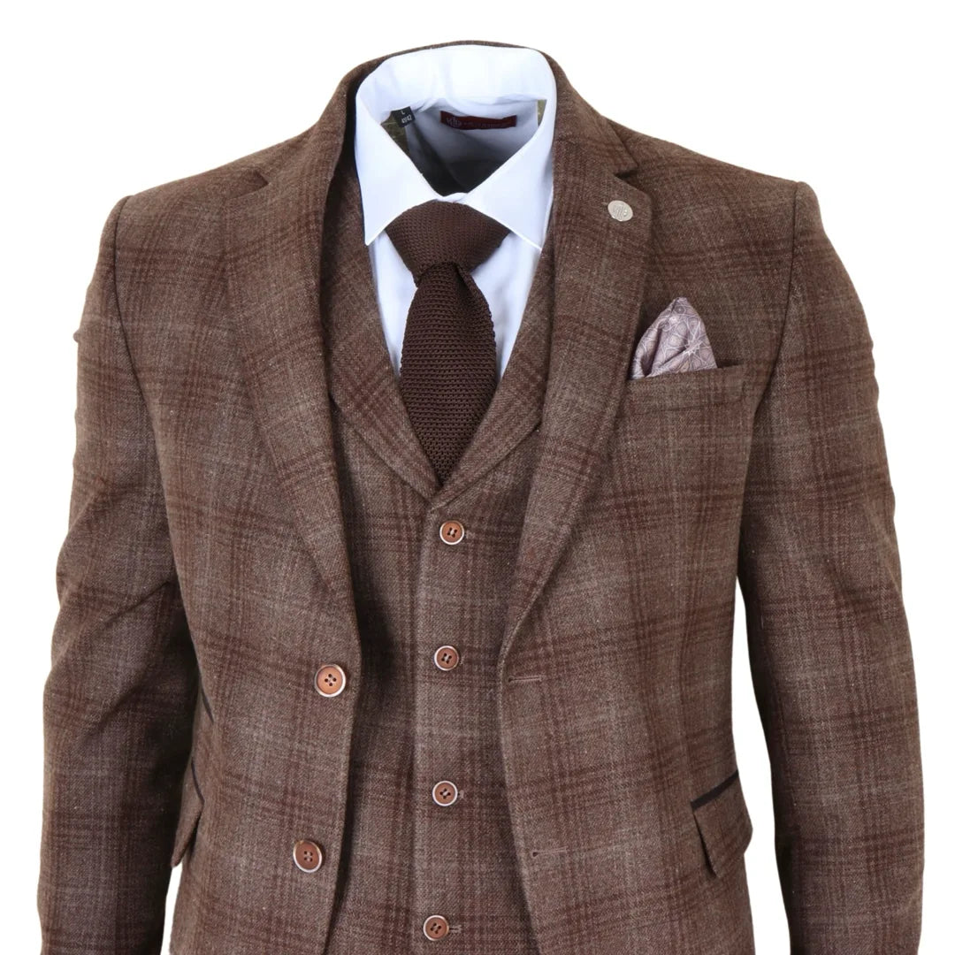 Men's Brown Tweed Check 3 Piece Suit by TruClothing
