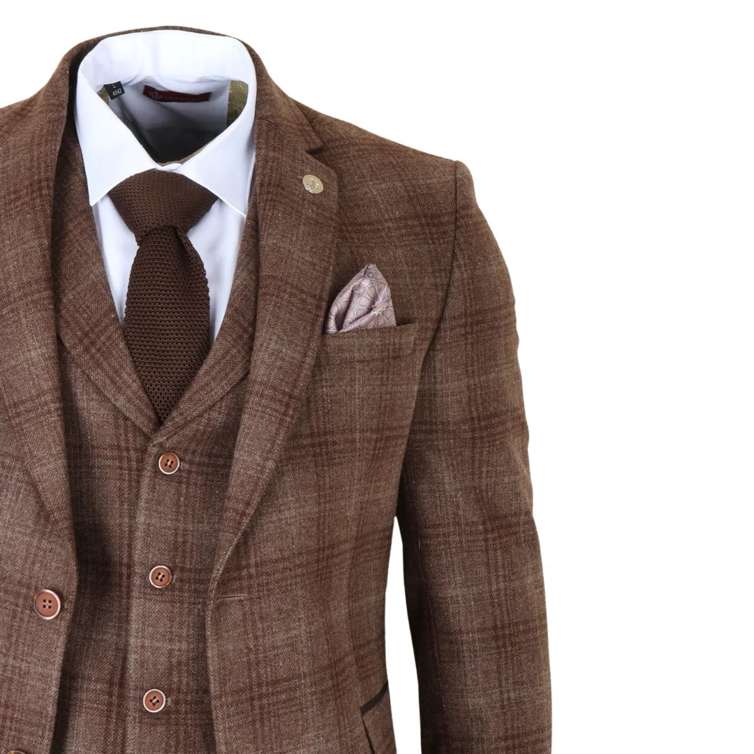 Men's Brown Tweed Check 3 Piece Suit by TruClothing