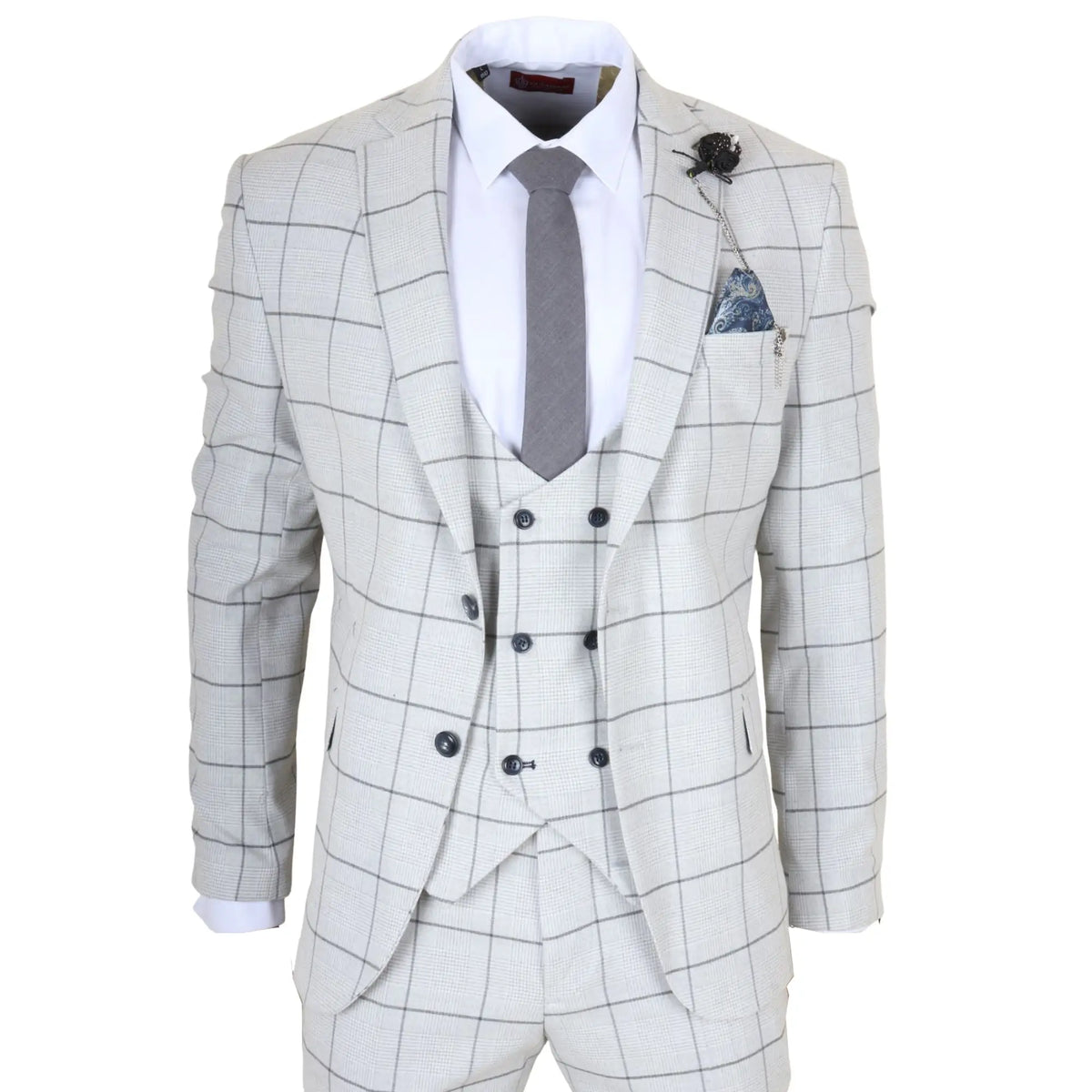 Men's 3 Piece Tailored Fit Grey Plaid Check Suit by TruClothing