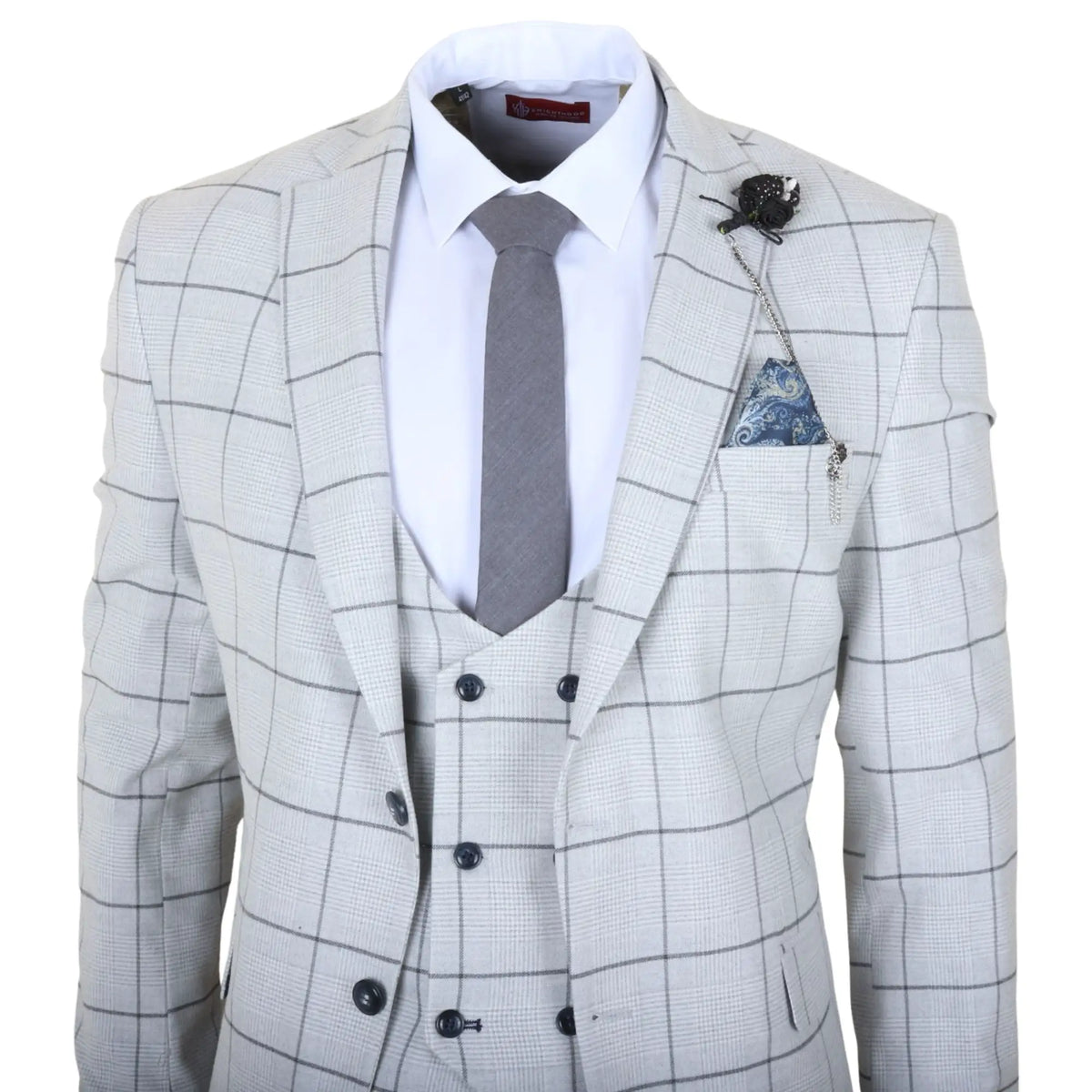 Men's 3 Piece Tailored Fit Grey Plaid Check Suit by TruClothing