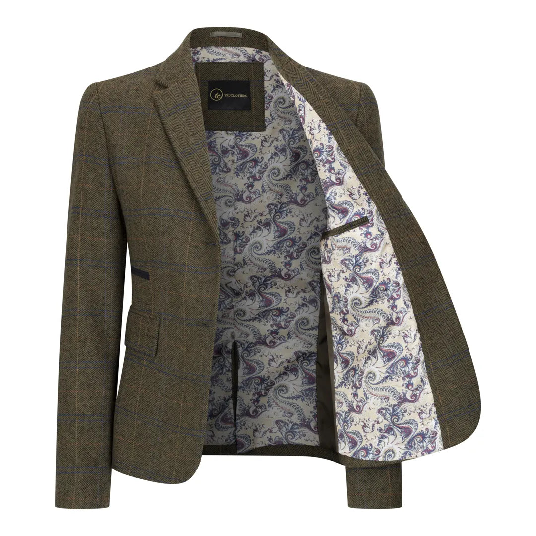 Women's Olive Green Tweed Blazer & Waistcoat Set by TruClothing