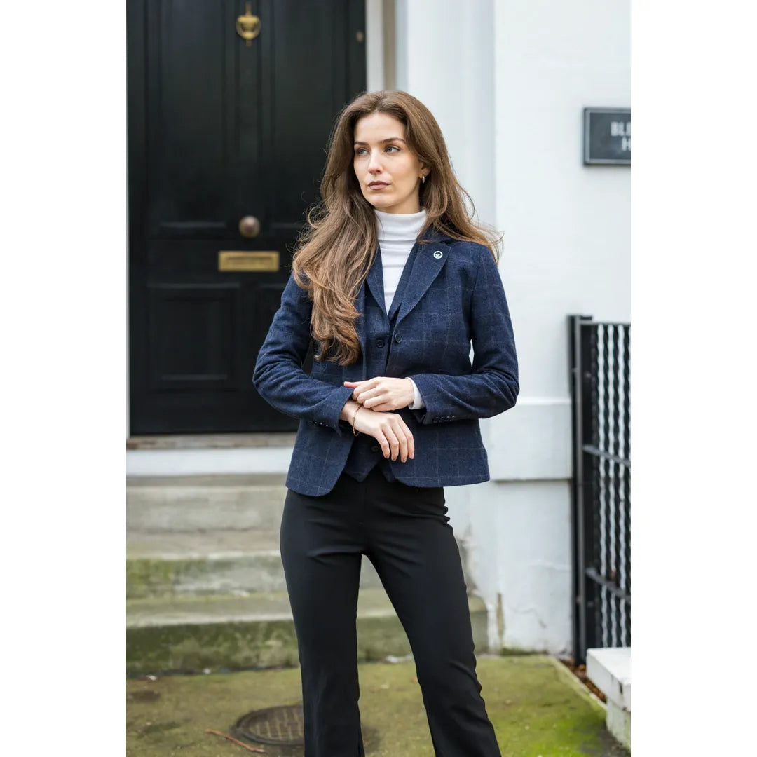 Women's Navy Blue Tweed Check Blazer & Waistcoat Set by TruClothing